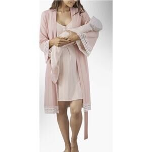 Angel Maternity Womens Sz XL/2XL Bamboo Robe Pink Crochet Trim Hospital Robe NWT